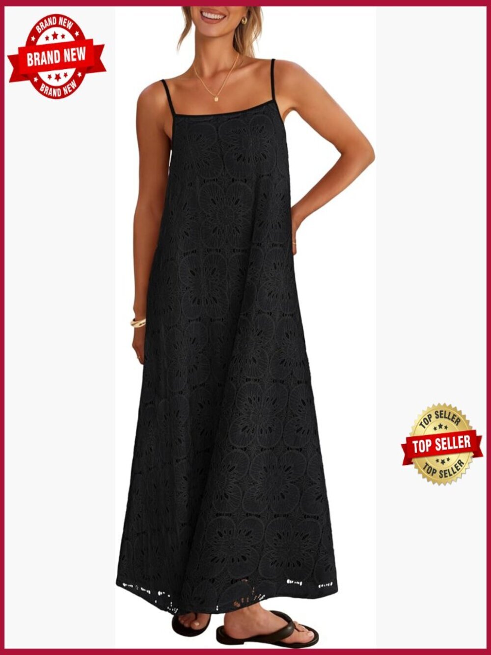 Women's Sleeveless Spaghetti Strap Lace Maxi Dress with Pockets
